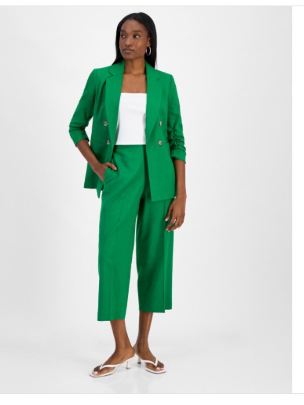 Bar Iii Women's Ruched-Sleeve Open-Front Linen Blazer